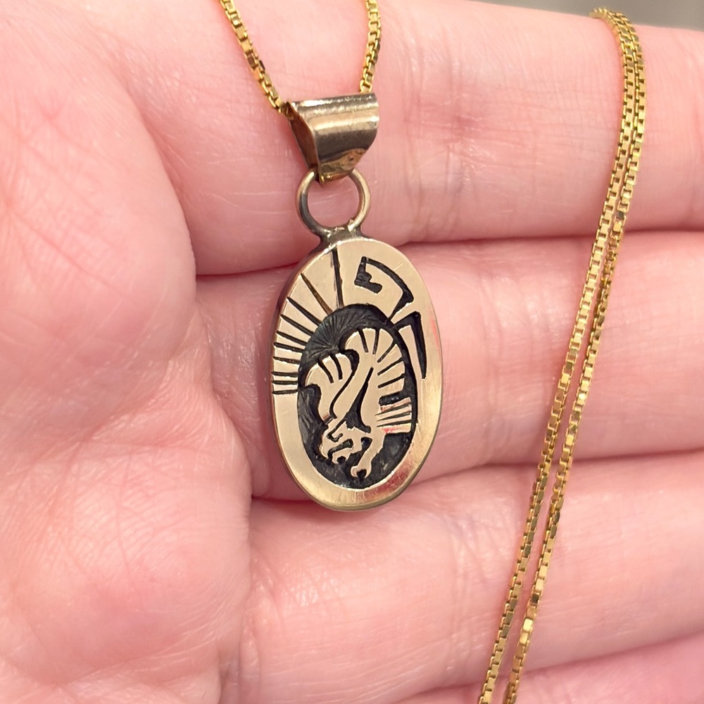 Vintage Native Eagle Sterling 14K Pendant, Navajo Aztec Style Piece - Picture 7 of 16